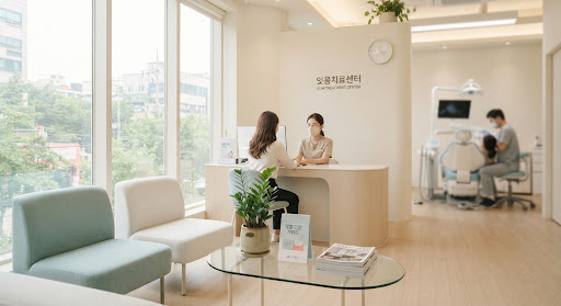 접수 데스크와 대기 의자가 놓인 치과 로비